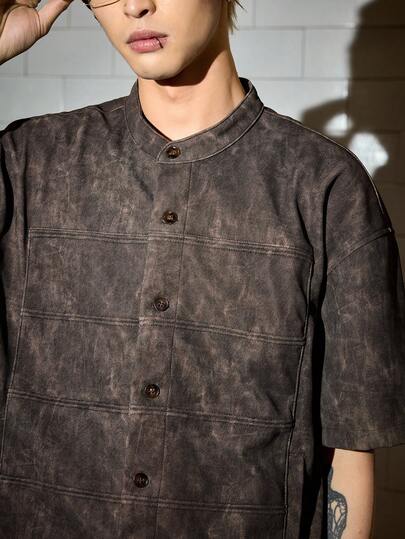 ROMWE MEN Street Life Men's Single-Breasted Short Sleeve Brown PU Shirt