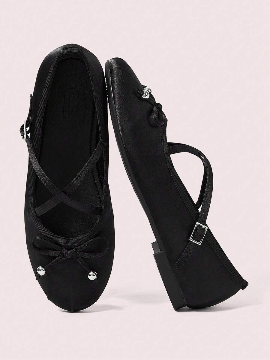 CUCCOO DOLLMOD Black Faux Silk Satin Soft Bow Criss-Cross Strap Flat Ballet Shoes Mary Jane Shoes For Women - Black - View 1