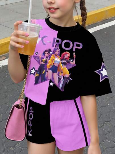 Set de 2 piezas de camiseta y pantalones cortos casuales y creativos para niñas, con estampados de estrella pentagonal, letras y cuadros coloridos, ideal para uso diario en primavera y verano, estilo veraniego cómodo, color morado