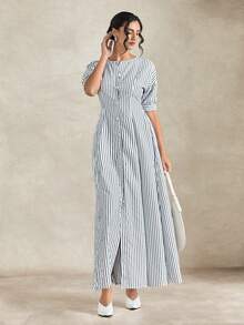 Briarwyn 女士优雅单排扣条纹连衣裙，女士夏季连衣裙，夏季服装，夏季度假服装，女士春季服装，女士度假服装，女士海滩度假服装，外出服装，优雅女士礼服，度假连衣裙，沙滩连衣裙，奢华优雅连衣裙 - 黑與白 - 查看 4