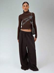 COUREZ Asymmetric Zip Up Fitted Rib Knit Jumper With Graphic /Y2K Going Out For Women Spring For Women Going Out Tops Rave Women's Spring Sweater - Brown - View 2
