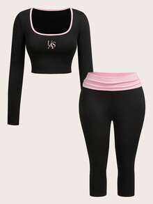 Slaydiva 早春新款，春夏音乐节，情人节，复活节休闲风，简约基础款，Y2K街头甜美风，网络爆款畅销单品，日常约会，辣妹风，性感运动风，返校季，U领长袖，英文标语撞色印花，粉色领子，短款T恤+七分裤，紧身裤，撞色荷叶边腰带，黑色套装，女士两件套 -A - 黑色 - 查看 9