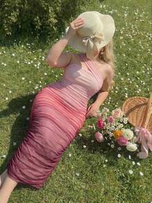 SHEIN MOD 大码女童粉色扎染褶皱紧身连衣裙，优雅不对称肩部连衣裙，派对/活动连衣裙 - 彩色 - 查看 8