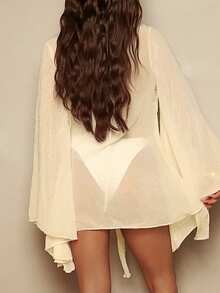 Swim SXY Women's Glitter Fabric Deep V Neck Long Sleeve Kimono Cover Up, Spring/Summer - Apricot - View 2