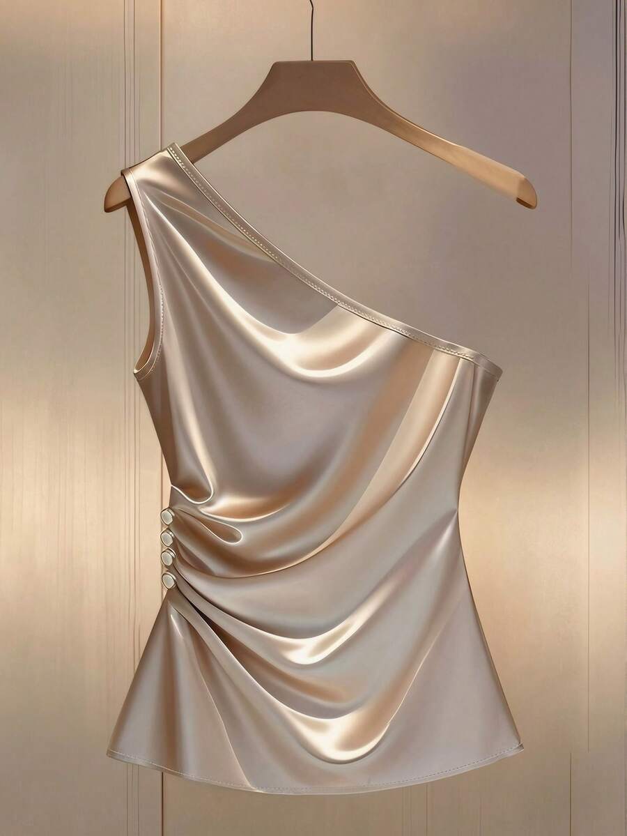 Franclia Women's Satin Solid Color Sleeveless Ruched Waist Fitted Blouse, Women's Top, Women's Camisole, Satin Blouse, Satin Top, Summer, Date, Elegant, Casual - Apricot - View 1