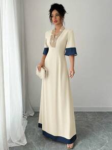 Selianne Váy xếp ly cạp chun thêu hoa thanh lịch, thiết kế dáng chữ A, váy xếp ly cổ cao phối màu, mùa hè - Nhiều màu - Xem 4