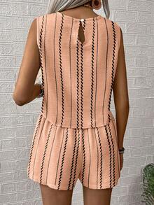 SHEIN LUNE Set de 2 piese pentru femei, casual, cu dungi, fără mâneci și pantaloni scurți, de vară - Roz - Vizualizare 2