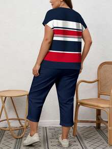 EMERY ROSE Nautical Striped Print Plus Size 2 Pieces Set, Suitable For Vacation - Multicolor - View 2