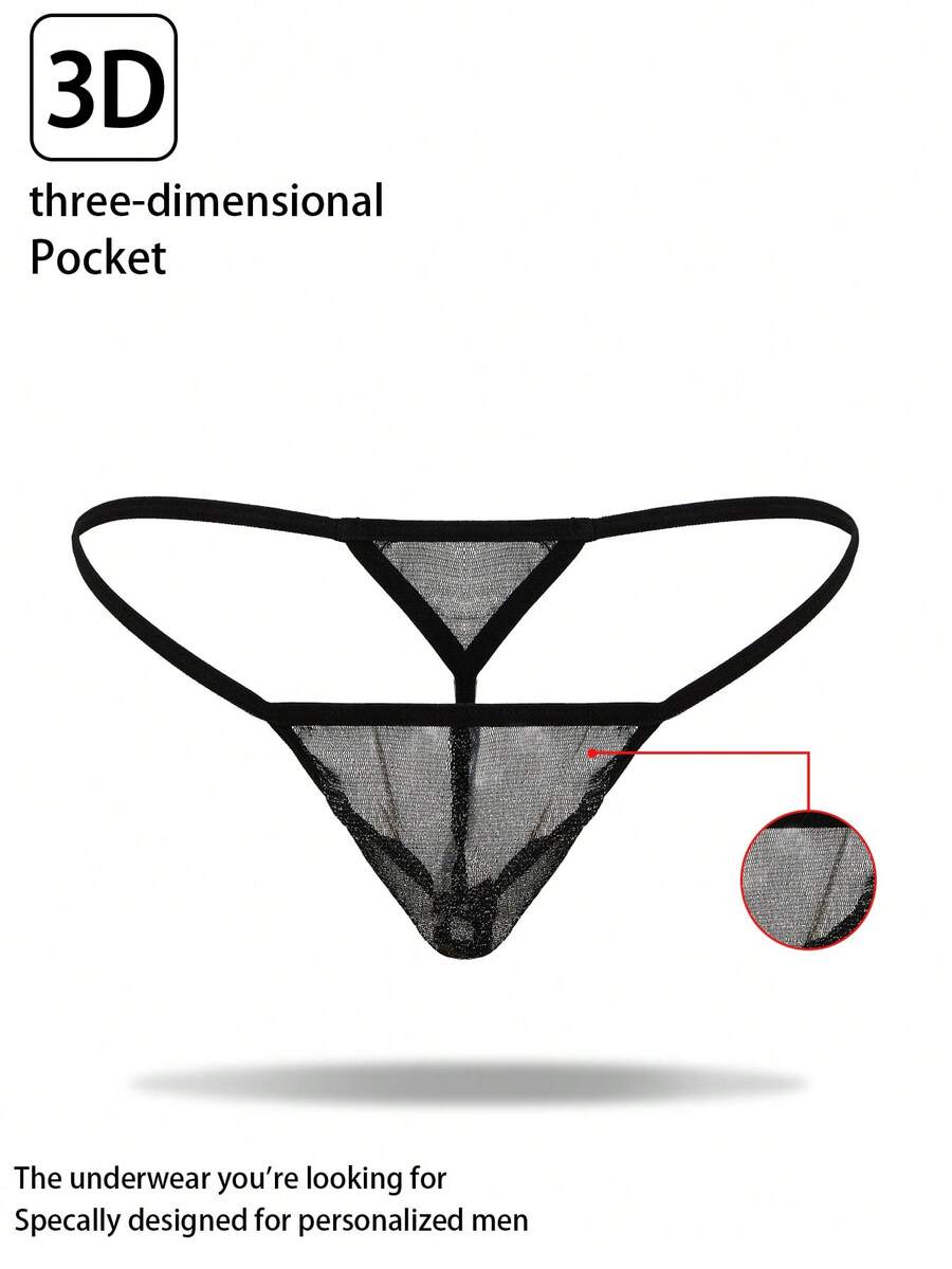 DrisQ 1件男士性感黑色半透明网纱露背丁字裤 - 黑色 - 查看 1