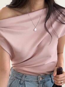 DAZY Solid Asymmetrical Neck Batwing Sleeve Tee,Off Shoulder Top - Pink - View 7