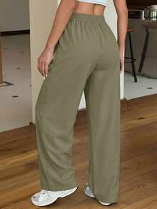 SHEIN EZwear Black Loose Casual Straight Leg Pants, Spring/Summer - Army Green - View 2