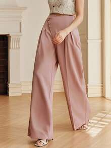 Anewsta 女士优雅设计褶裥前片不对称腰线高低摆金色装饰纽扣粉色西裤套装 - 粉色 - 查看 6