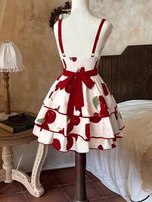 Sweetra Spring, Summer, Fall, Spring/Fall, Vacation, Elegant, Graduation Dress, Summer Women Outfit, Red Cherry Blossom Slip Dress, Floral Mini Skirt, Lolita Tulle Dress, Sweet Spaghetti Strap Dress, Elegant Lolita Cake Dress, Countryside Cherry Blossom - Multicolor - View 2
