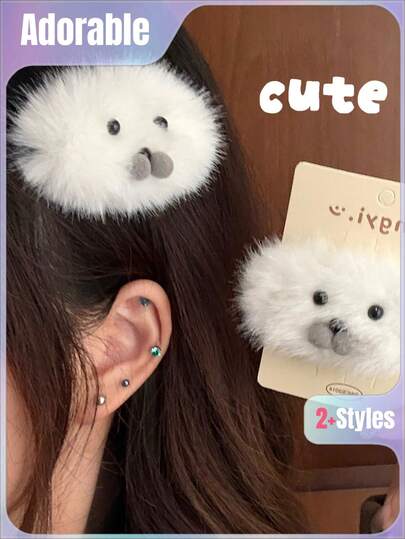 1个2026新款可爱毛绒海豹发夹 - 多功能可爱动物发夹，适合秋冬季节，完美固定刘海和侧边碎发