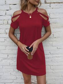 SHEIN LUNE Solid Color Off-Shoulder Casual Loose Summer Versatile Dress - Red - View 6