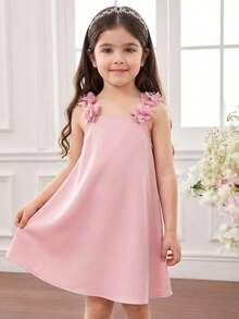 SHEIN 女童纯色3D立体花卉吊带连衣裙 - 淺粉色 - 查看 4