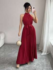 SHEIN PETITE Đầm chữ A không tay cổ cao buộc dây sau lưng trang trí bèo nhún dành cho nữ - Màu Đỏ Sâu - Xem 1