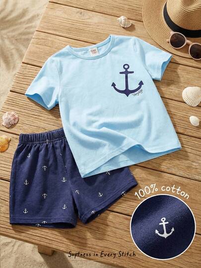 Cozy Pixies Conjunto de 2 piezas para bebé con cómoda camiseta de cuello redondo y hombro regular y pantalones cortos casuales con diseño de patrón de ancla