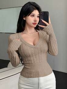 DAZY Women V-Neck Short Cable Knit Fitted Pullover Sweater,Fall Clothes - Khaki - View 5