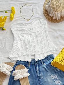 SHEIN Unity Áo kiểu nữ mùa hè đi biển, màu trơn, chất liệu vải dệt họa tiết, phối ren tương phản, 1 kiểu mặc được, 2 cách phối. - trắng - Xem 2