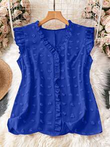 DreamSkyne Plus Size Solid Color Cap Sleeve V-Neck Ruffle Hem Simple Summer Shirt - Blue - View 1
