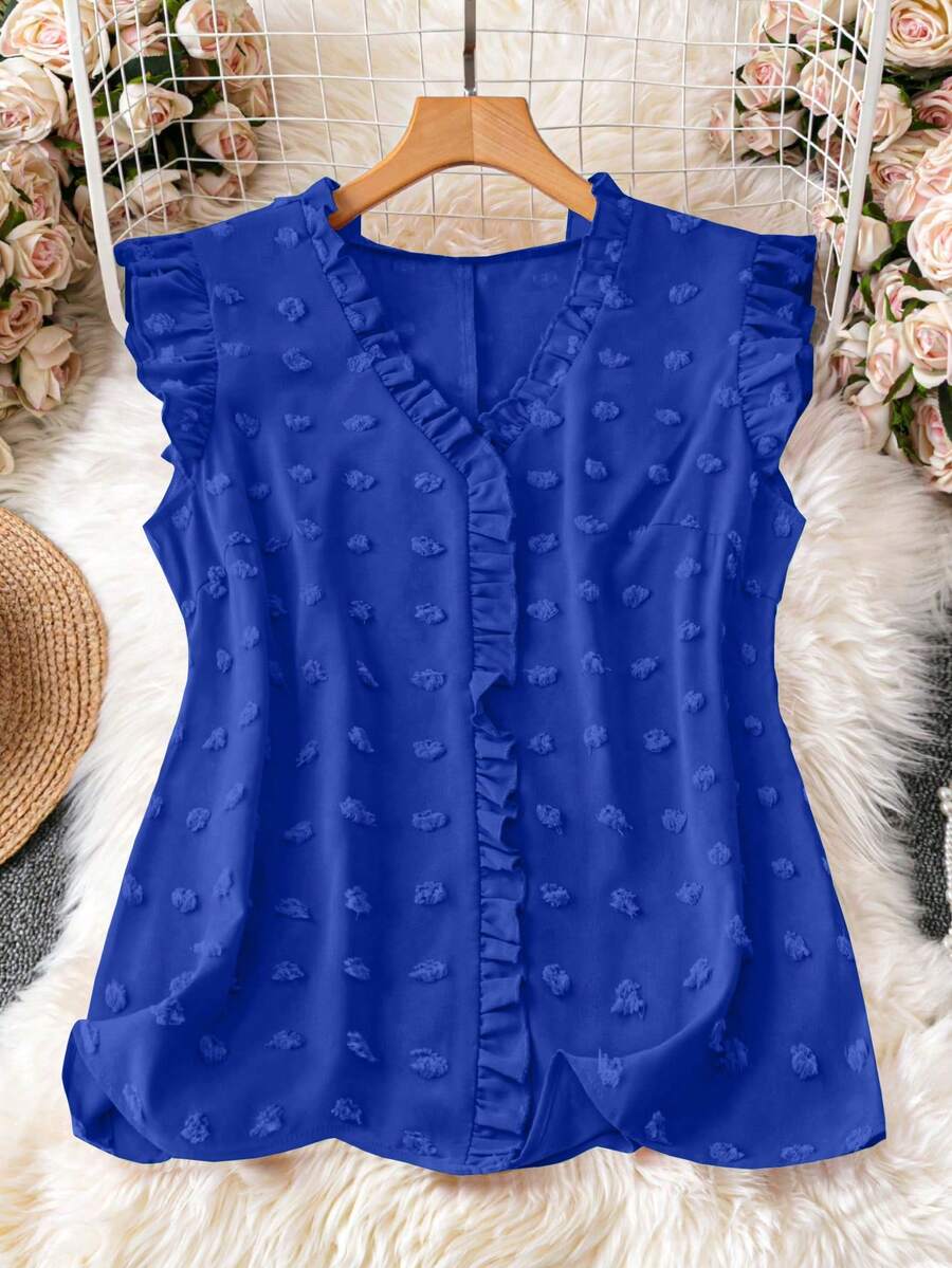 DreamSkyne Plus Size Solid Color Cap Sleeve V-Neck Ruffle Hem Simple Summer Shirt - Blue - View 1