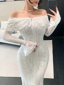 DAZY Vestido de playa elegante de manga larga con hombros descubiertos y encaje para mujer - Blanco - Ver 3