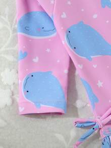 2件装新生女婴可爱小鱼图案针织长袖连帽连体衣，饰有荷叶边和蝴蝶结，适合泳装、沙滩、泳池、夏季度假穿着 - 彩色 - 查看 4