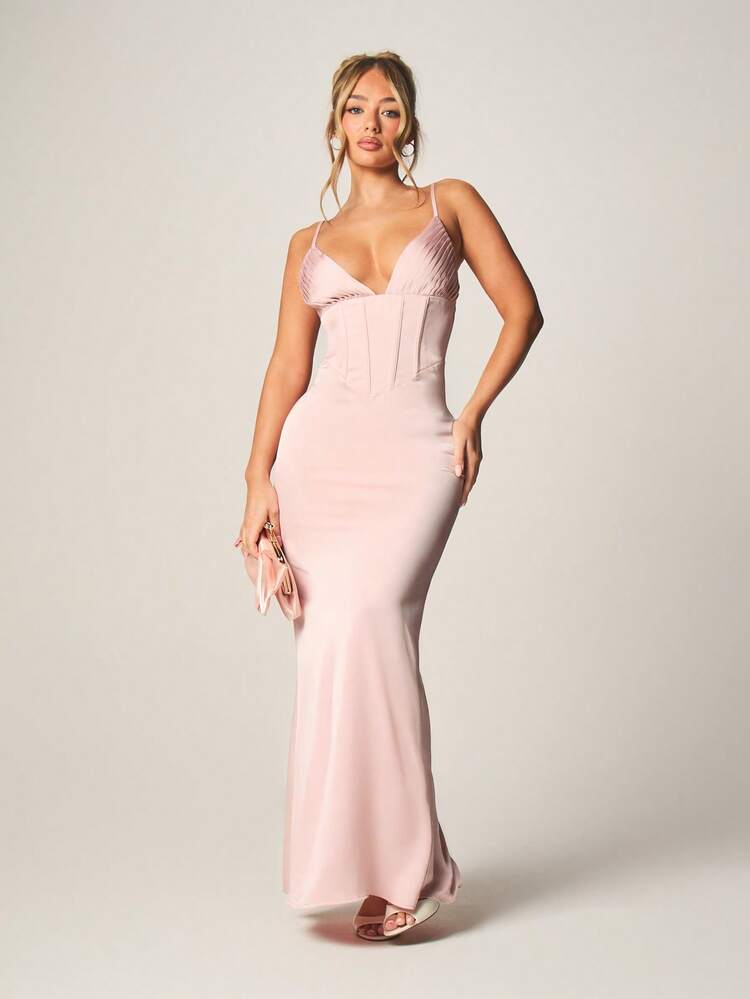 MISSGUIDED Elegant V-Neck Spaghetti Strap Satin Empire Waist Maxi Dress Floor Length Formal Evening Gown For Wedding Guest Occasions