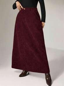 Heiryn 大码罗纹纯色半身裙，百搭时尚 - 酒紅色 - 查看 5