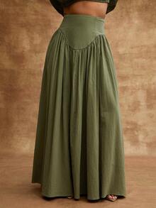 Vixey 100% Cotton Drop Waist Side Zipper Flowy Maxi Skirt - Green - View 2
