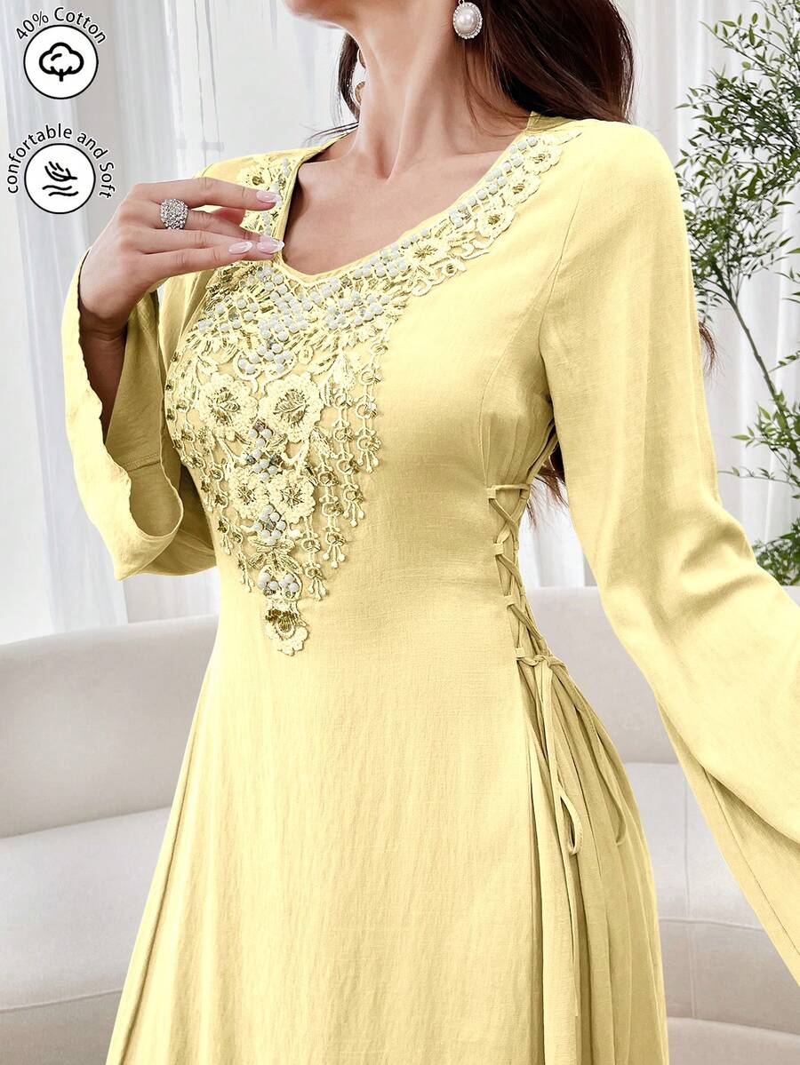 Al Najma Đầm kiểu Ả Rập thanh lịch dành cho nữ, cổ chữ V, tay loe, thắt eo, đính ren tan trong nước. - Màu vàng - Xem 1