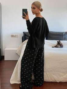 DAZY 女士秋冬睡衣三件套：开衫、无袖吊带衫和长裤 - 黑色 - 查看 2