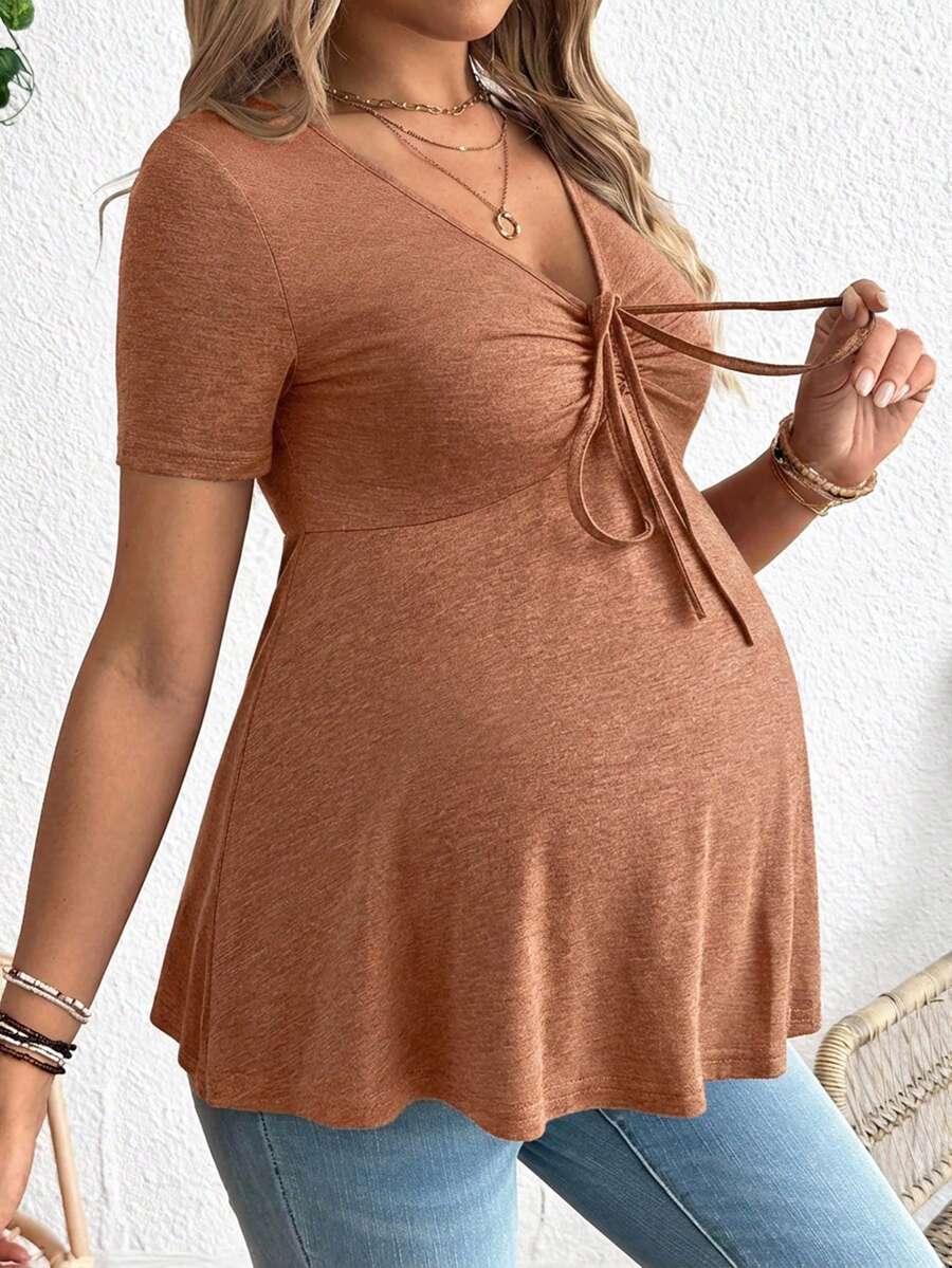 SHEIN Maternity Casual Drawstring Front Short Sleeve T-Shirt, Summer - Brown - View 1