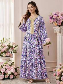 Teen Girls' Elegant Floral V-Neck Long Dress,Middle Eastern Style Purple Autumn Party Gown With Gold Accessories,Spring Summer Pink White Maxidress - Purple - View 1