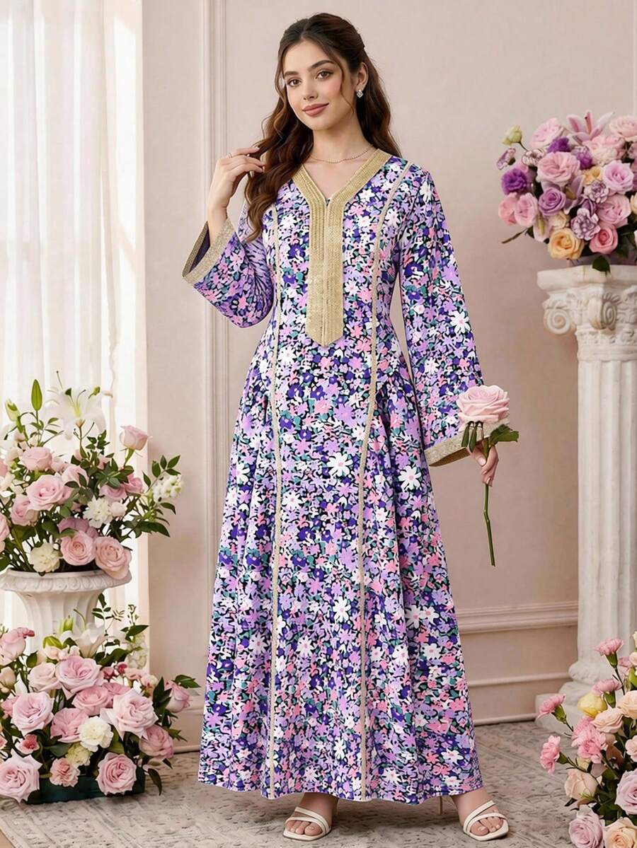Teen Girls' Elegant Floral V-Neck Long Dress,Middle Eastern Style Purple Autumn Party Gown With Gold Accessories,Spring Summer Pink White Maxidress - Purple - View 1