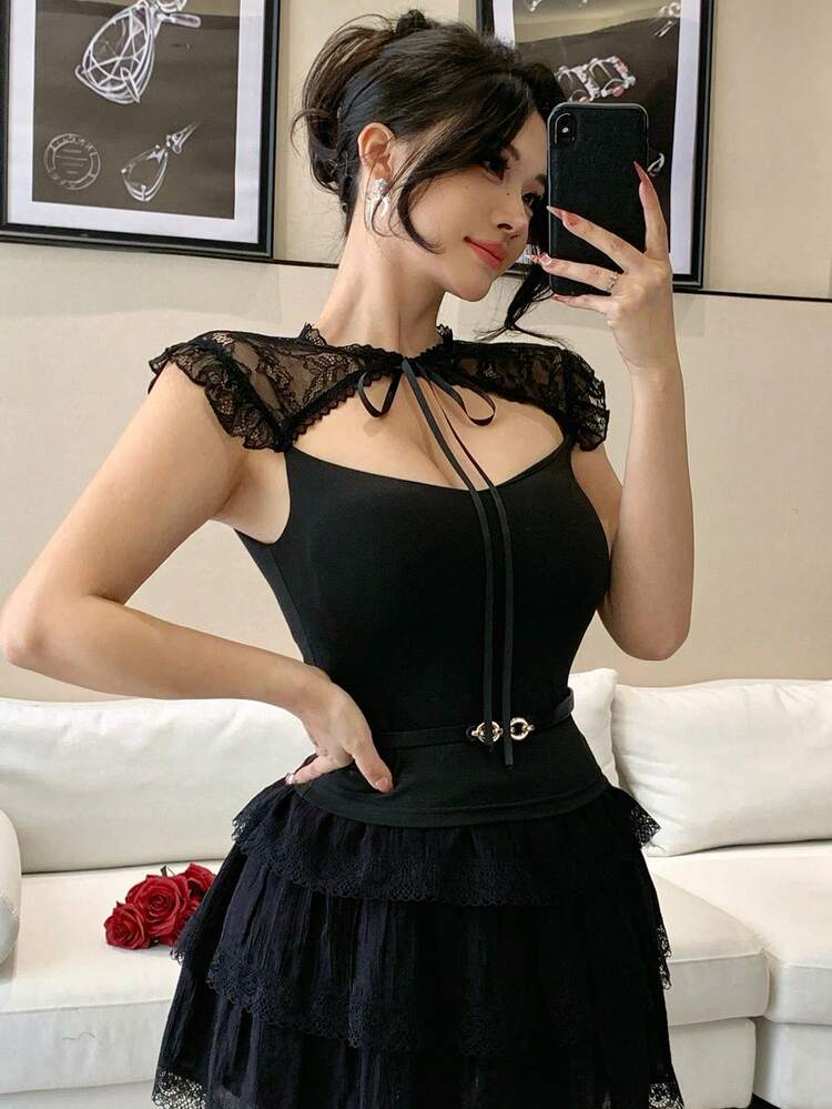 Spring & Summer Floral Hollow Out Lace-Up Crop Top, Elegant For Valentine's Day, Wedding, Party, Formal Occasion, Fashionable, Slim Fit, Sheer Mesh Long Sleeve Blouse For Women