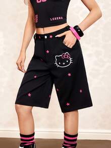 HELLO KITTY AND FRIENDS | SHEIN 女士休闲字母刺绣猫咪印花短裤，夏季 - 紫紅色 - 查看 3