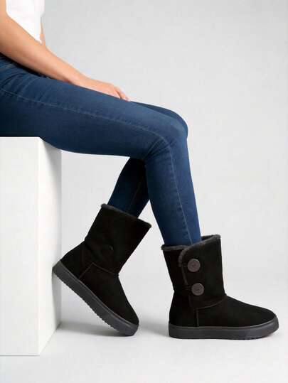 Botas afelpadas mujer invierno Botas de nieve forradas cálidas, suela gruesa antideslizante, botines casuales media pantorrilla interior de borrego, Con botones de ajuste lateral- Ideales para looks casuales o modernos.