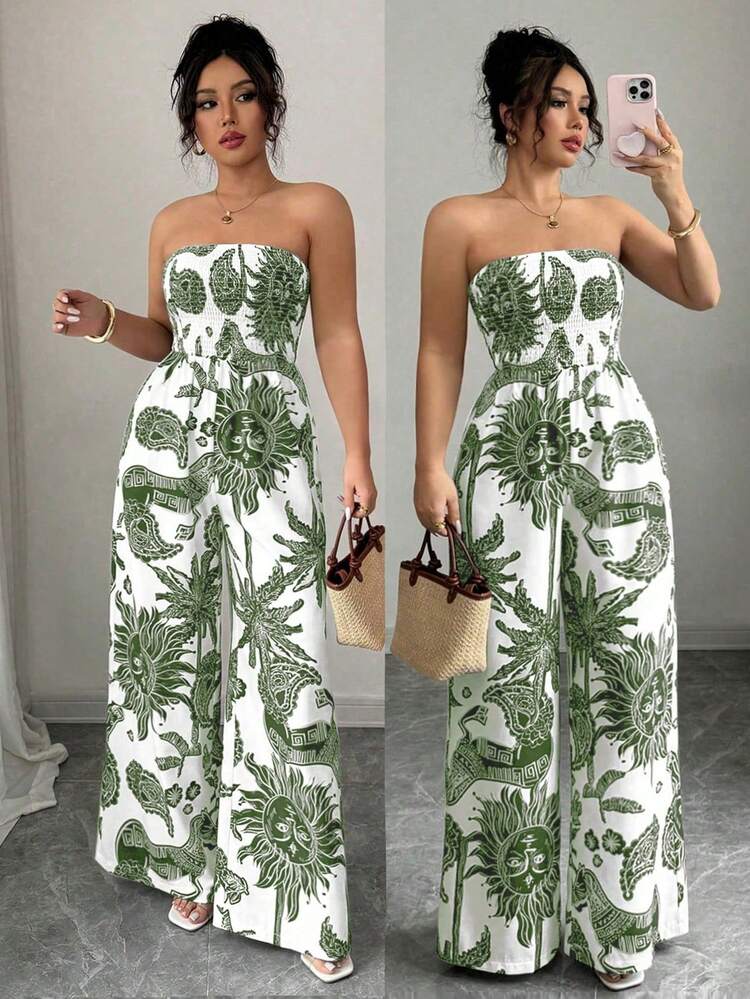 Elenzga Mono de mujer con estampado, cintura ceñida y pierna ancha, elegante para vacaciones, viajes y uso diario - Verde militar - Añade 4