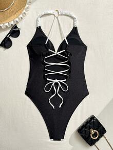 Shapewave-D Women's One-Piece Swimsuit, Black Glossy Fabric, Black & White Color Block Design, Ruched Details, Adjustable Criss-Cross Back Straps, Flattering Silhouette, Sexy & Fashionable - Multicolor - View 2