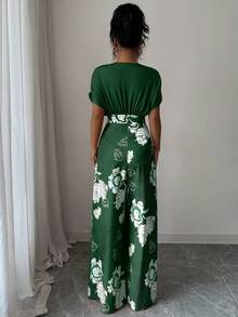 Elenzga 女式V领宽松百褶腰印花长款连体裤 - 綠色 - 查看 2