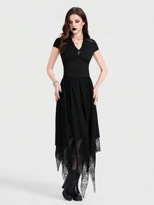 Breakform Women's Gothic Elegant Velvet Contrast Lace Frill V-Neck Metal Cross Decor Cap Sleeve Cuff Fitted Crop Top Black Summer Goth Club Night Out - Black - View 4