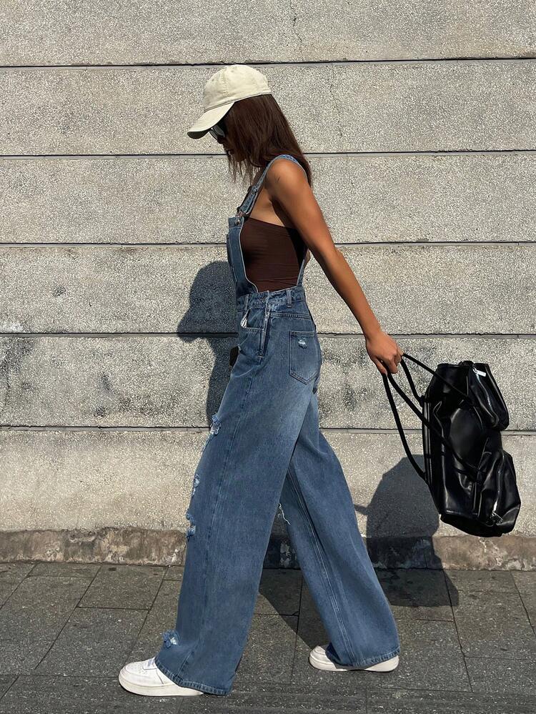 Vintage Washed Distressed Denim Bib Overalls For Women, Loose Fit Slimming Straight Leg Jumpsuit