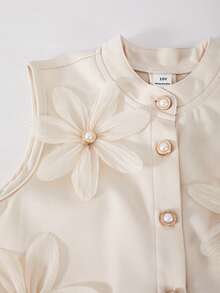 SHEIN ChillGRL 女童两件套：纯色 A 字裙搭配无袖无领开衫背心，饰有花瓣图案，适合春夏日常休闲穿着。 - 杏色 - 查看 4