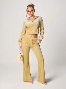 Missguided x Playboy Golden Yellow Velour Rhinestone Star Bunny Logo Full Zip Drawstring Hoodie Jacket With Long Sleeves Casual Comfort - Light Yellow - View 3