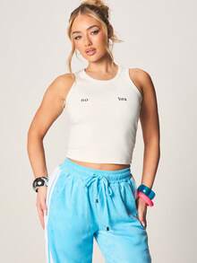 MISSGUIDED Ribbed Cotton Tank Top With No Bra Text Print Crew Neck Sleeveless Casual Summer Everyday Wardrobe Essential Basic Top - White - View 5