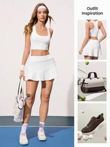Gameset SHEIN Sport Women's Minimalist Solid Color Square Neck Camisole And Skirt Tennis Outfit, Summer 2 Piece Tennis Set - White - View 5