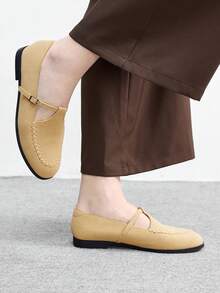 CUCCOO BIZCHIC New Retro Loafers Small Leather Shoes Round Toe Flat Bottom Slip On Buckle Commuter Shoes Women - Apricot - View 5