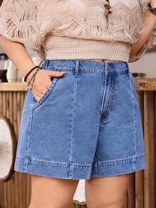 EMERY ROSE Plus Size Women's Casual Daily Commute Versatile Mid-Blue Washed Denim Loose Shorts With Side Pockets, Summer - Medium Wash - View 3